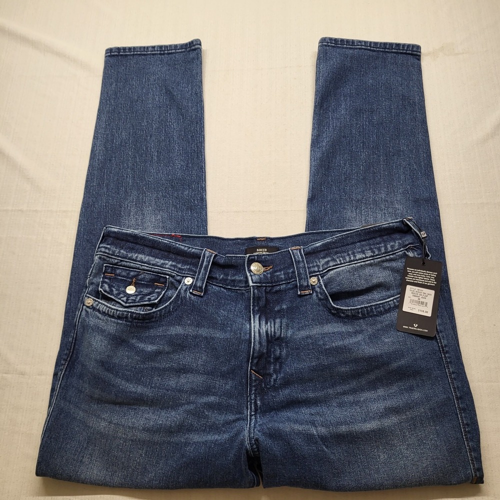 New True Religion Jeans Mens 36/32 Rocco Relaxed Skinny Flap Stretch Blue Faded
